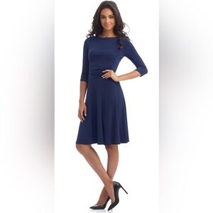 Navy Blue Fit-n-Flare Midi Dress with 3/4 Sleeves NWT